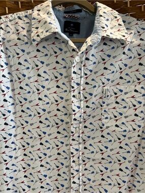 Ben Sherman White Button-Down Shirt Red, Blue and Gray Guitar Print Mod Britpop